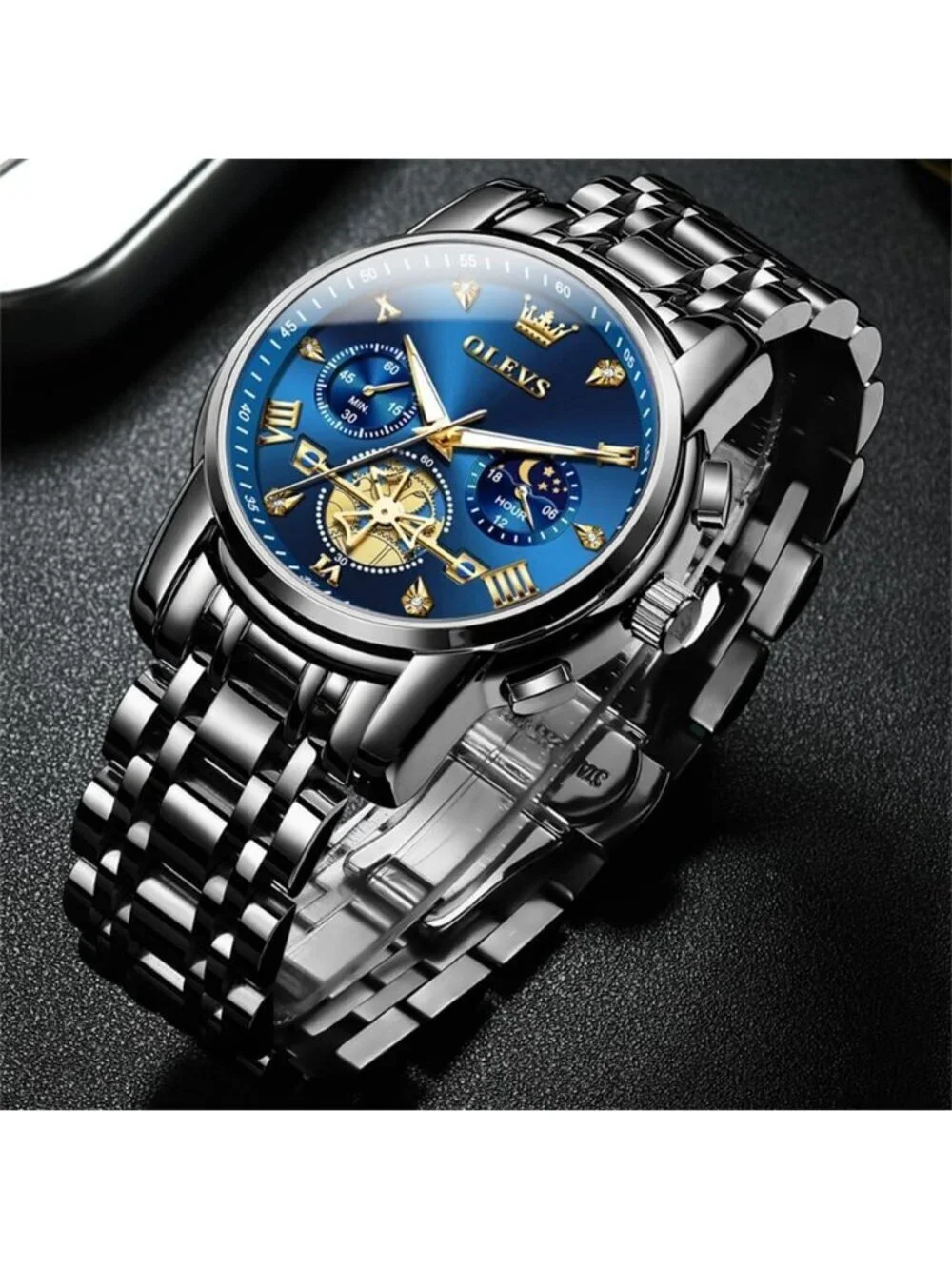 Men's Black Blue Skeleton Stainless Steel Diamond And Calendar Chronograph Watch